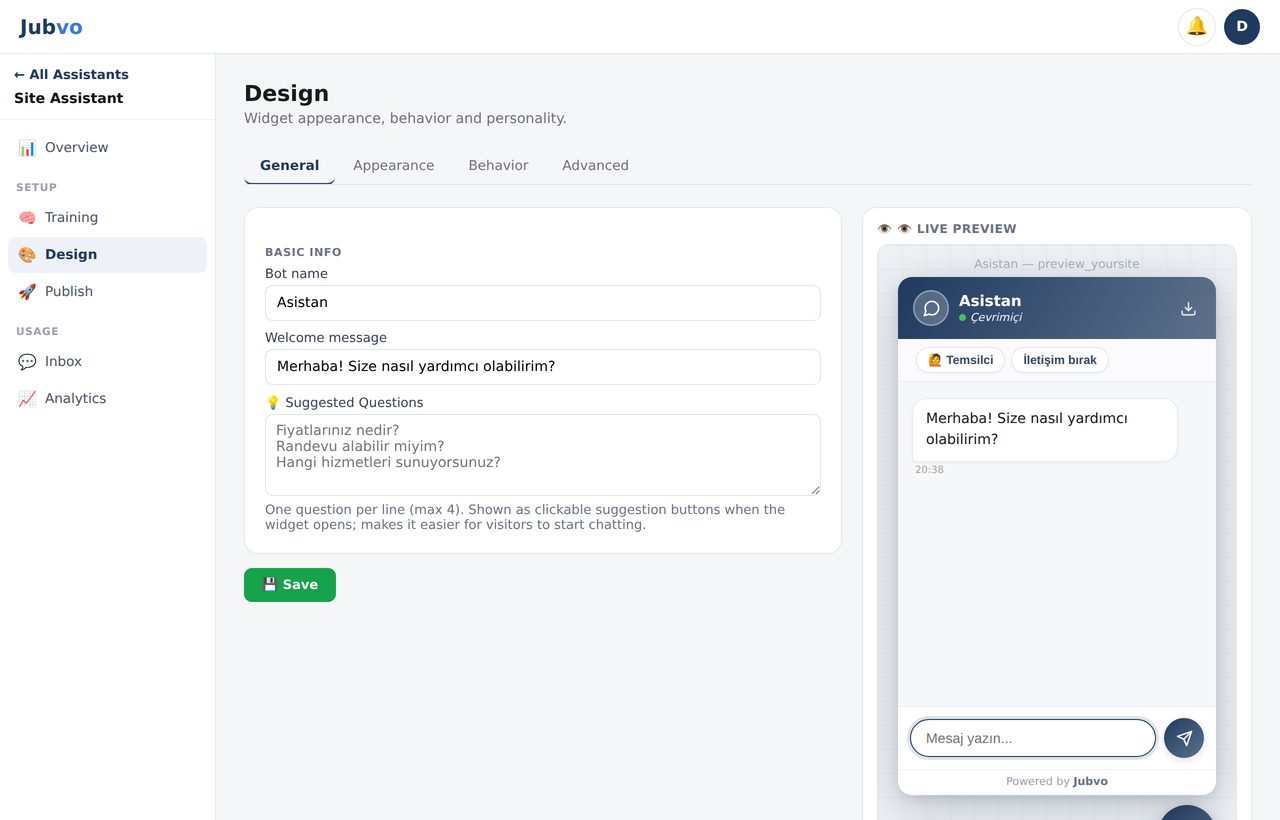 Design screen — colors, style and a live widget preview on the right