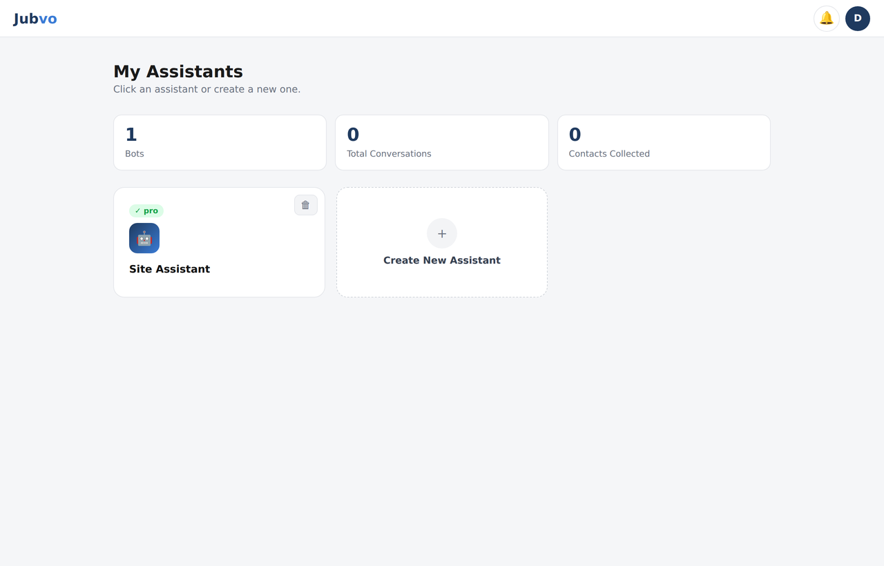 Home screen — My Assistants list and Create New Assistant card