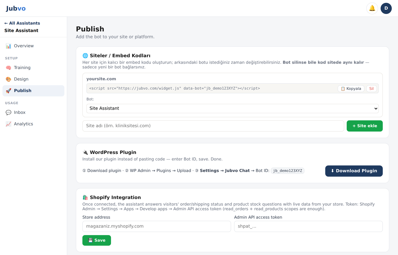 Publish screen — embed code, WordPress and Shopify integrations