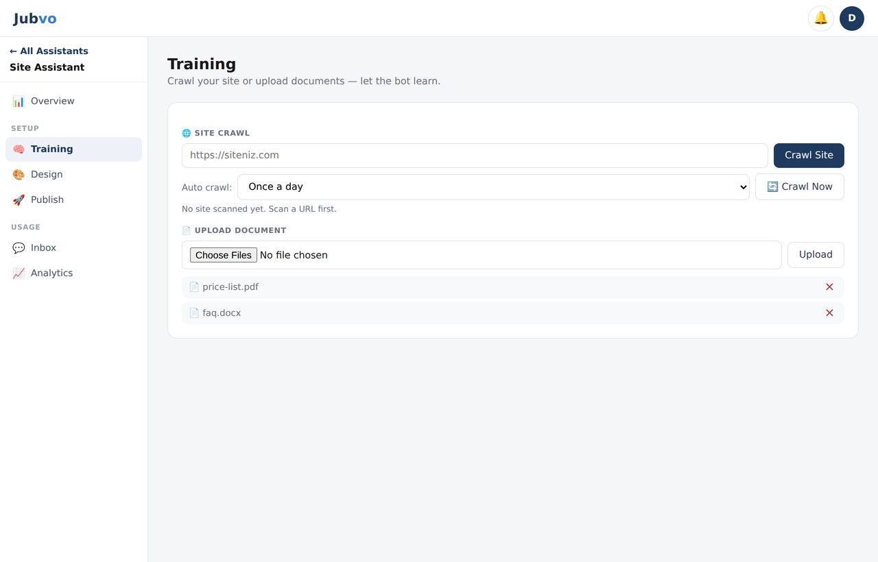 Training screen — website scan and document upload