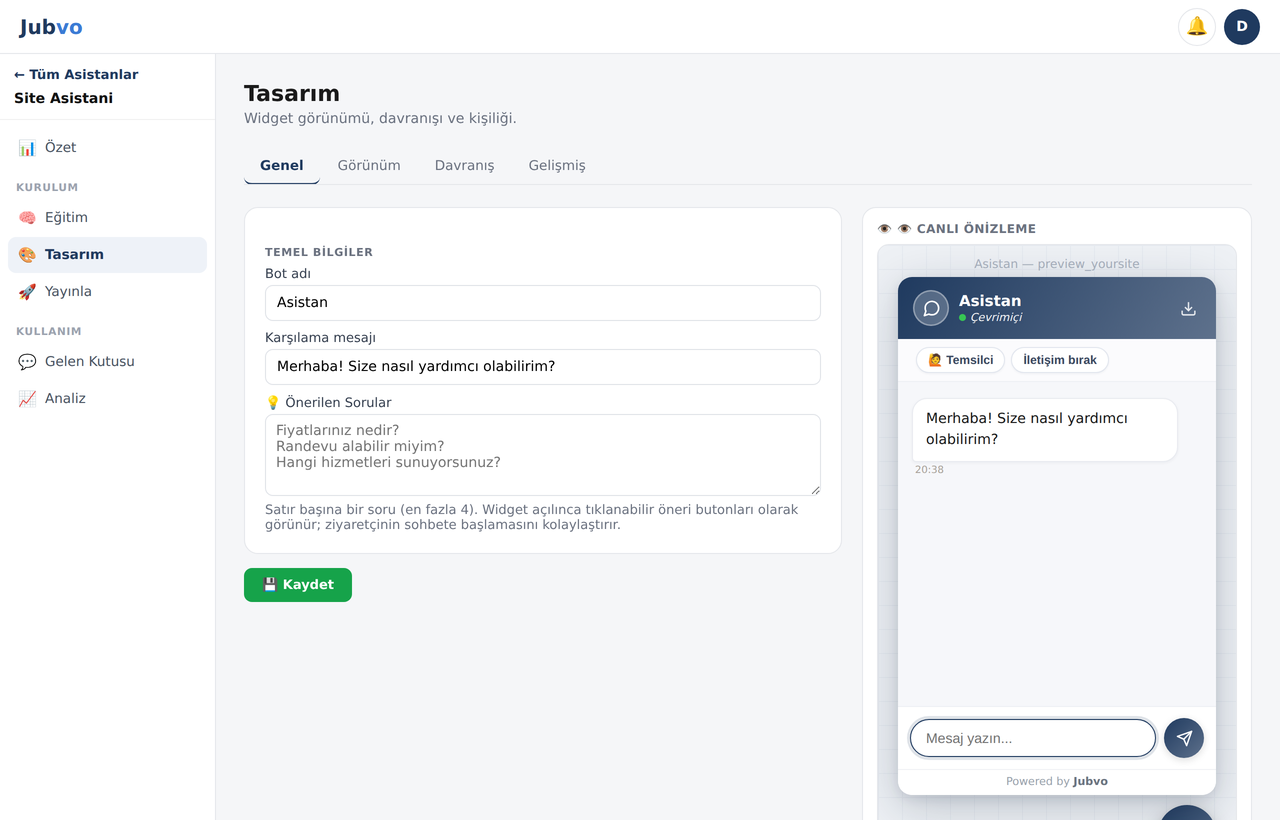 Tasarım ekranı — renk, stil ve sağda canlı widget önizlemesi
