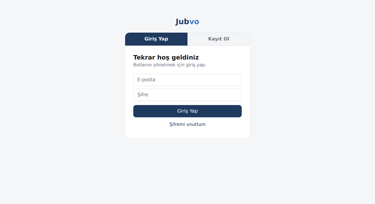 Jubvo giriş ve kayıt ekranı