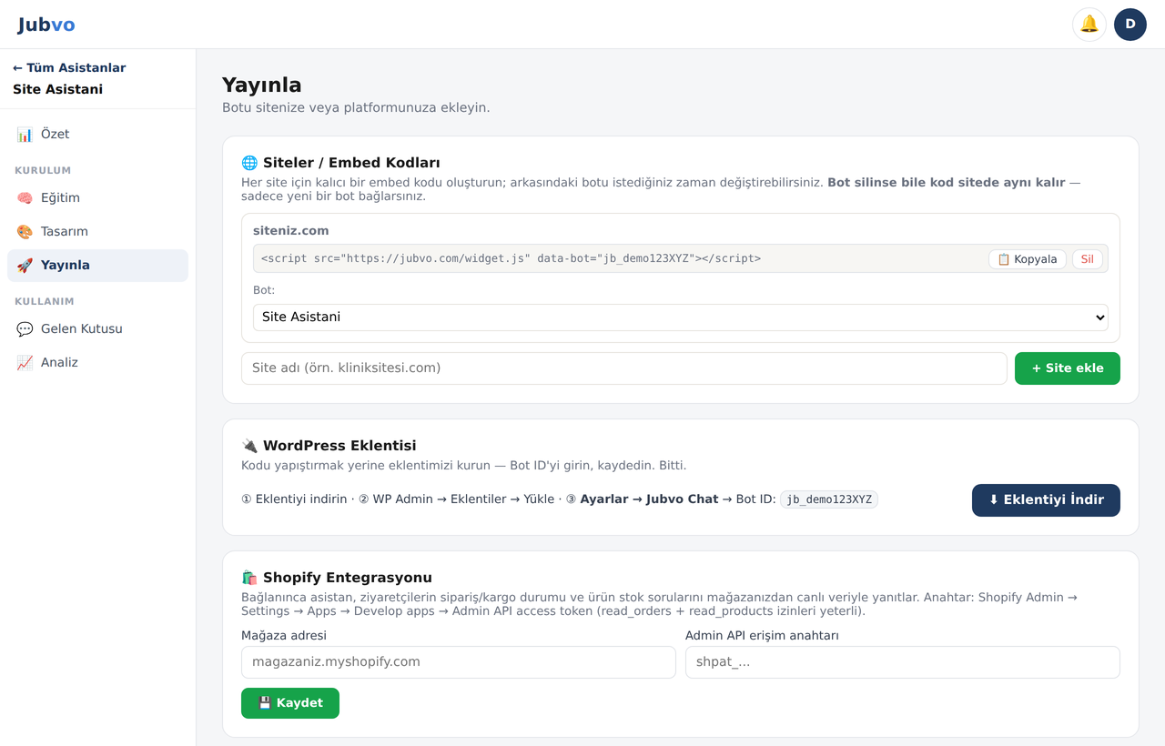 Yayınla ekranı — embed kodu, WordPress ve Shopify entegrasyonları