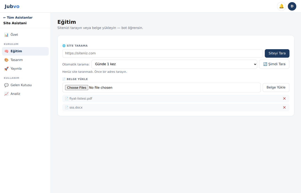 Eğitim ekranı — site tarama ve belge yükleme